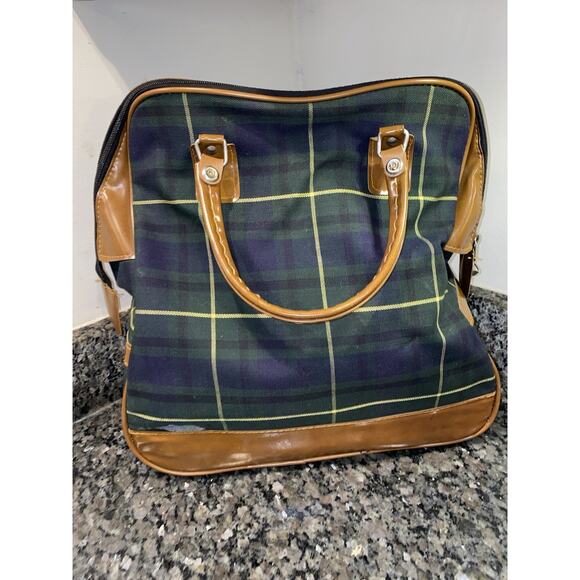 Vintage Lacoste Plaid Canvas Tote Bag Green Blue Brown Trim Retro Preppy - Picture 6 of 15